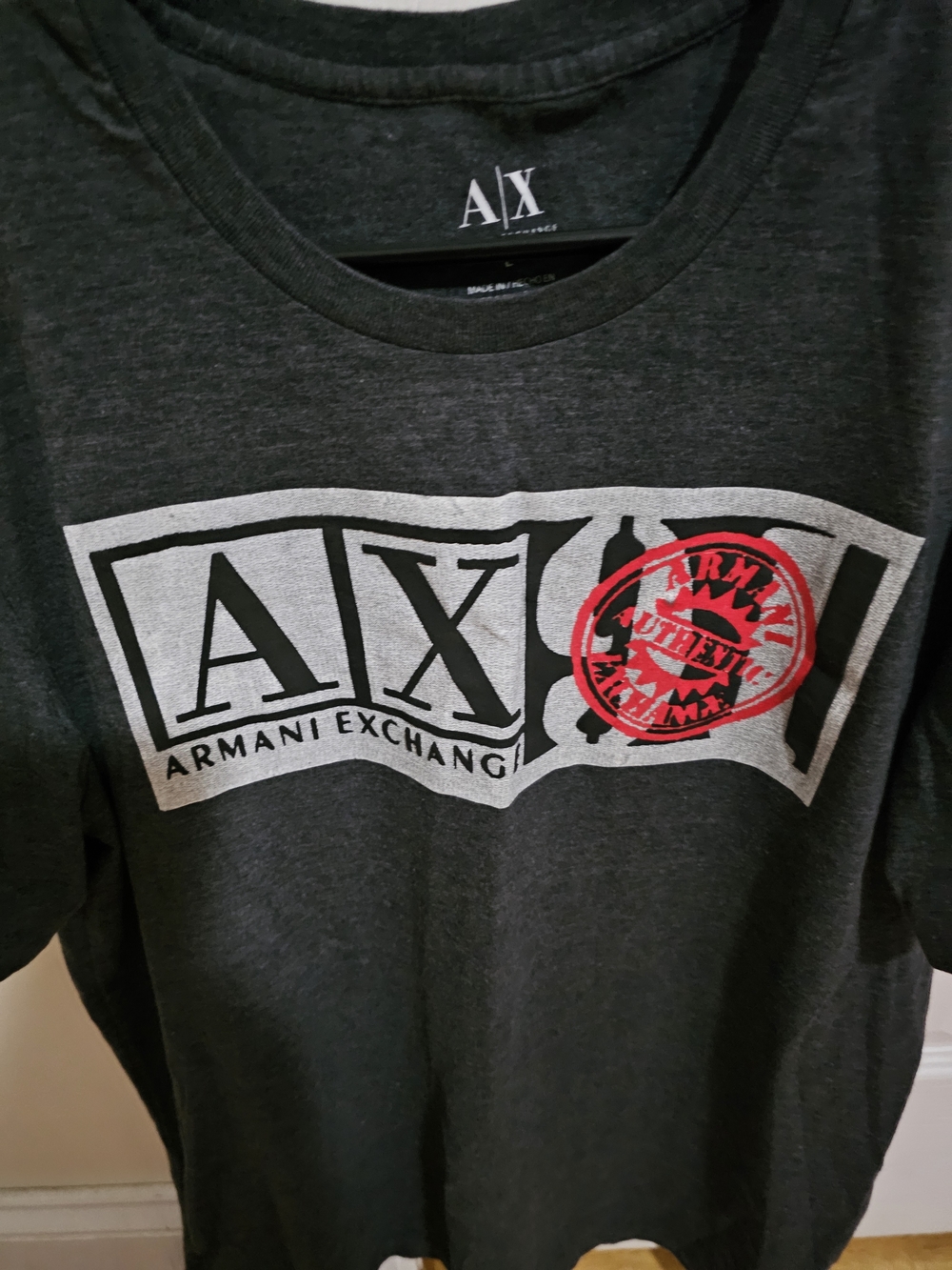 ARMANI EXCHANGE AX  Gray Graphic Tee with Red Accent - Picture 2 of 3